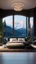 Minimalistic mansion\'s bedroom with picturesque view from the window contains alpine forest covered with snow