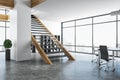 Minimalistic meeting room interior with wooden stairs Royalty Free Stock Photo