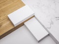 Minimalistic mockup with business cards on wood and warble texture.Creative mockup set. Royalty Free Stock Photo