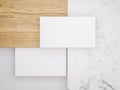 Minimalistic mockup with business cards on wood and warble texture.Creative mockup set. Royalty Free Stock Photo