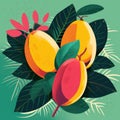 Fresh bright mangos with leaves on green background.