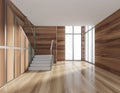 Minimalistic modern hall interior with stairs. wooden parquet floor. Concrete stairs. Panoramic window with city view Royalty Free Stock Photo