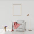 Minimalistic modern interior with an armchair, poster mockup for your design. 3D render.