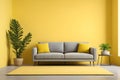 Minimalistic modern interior design with grey sofa with pillows and bright yellow clear wall with plants Royalty Free Stock Photo