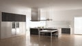 Minimalistic modern kitchen with table, chairs and parquet floor
