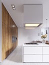 Minimalistic modern kitchen in white with elements of hardwood panels and countertops. Built-in appliances, pendant lamps and free