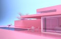 minimalistic modern private house exterior in pink with flamingos