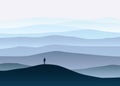 Minimalistic mountain landscape, lonely explorer, horizon, perspective, vector, illustration, isolated, cartoon style Royalty Free Stock Photo