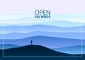 Minimalistic mountain landscape, open your world, lonely explorer, horizon, perspective, vector, illustration, isolated Royalty Free Stock Photo