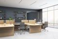 Minimalistic office interior with wooden furniture, equipment, window with city view and daylight. Coworking and workplace concept