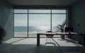 Minimalistic office workplace with large windows and a calm view of beach and the sea. Generative AI