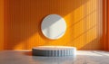 Minimalistic orange background with empty circular stage and geometric patterns