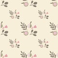 Minimalistic organic seamless pattern with green pale leaves and apples. Pink background Royalty Free Stock Photo