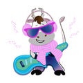 Cute cartoon cool bull in glasses in headphones in a warm scarf plays the guitar.