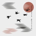 Minimalistic pattern in Japanese style. Ducks, geese fly into bright sun. Sea, clouds in sky on white background with black birds