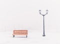 Minimalistic photo of lamp post and bench in winter