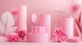 Minimalistic pink cosmetic display with decorative elements Royalty Free Stock Photo