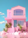 a minimalistic pink princess house with a balcony and palm trees in the background Royalty Free Stock Photo