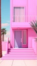 a minimalistic pink princess house with a balcony and palm trees in the background Royalty Free Stock Photo