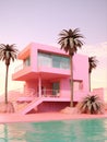 a minimalistic pink princess house with a balcony and palm trees in the background Royalty Free Stock Photo