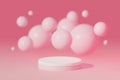 Minimalistic podium with defocused flying pink balls. Geometric background 3d illustration