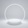 Minimalistic podium with neon round lamp for product presentation