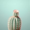 Minimalistic Portrait Of Flowering Green Cactus On Turquoise Background