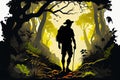 minimalistic postcard silhouette traveler in the jungle. Generative AI