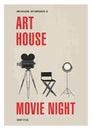 Minimalistic poster template for art house movie night with film camera standing on tripod, studio lamp and director Royalty Free Stock Photo