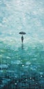 Minimalistic Rainy Landscape Painting With Umbrella On Green Ocean