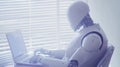 Minimalistic robot contemplating data on sleek laptop with diffused morning sunshine backdrop