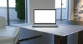 Minimalistic Room With Big Windows And Laptop White Screen On Ta