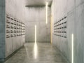 Minimalistic room with concrete surfaces ( post boxes on two sid