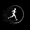 Minimalistic round logo template, white icon of runner silhouette on black background, modern logotype concept for