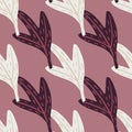 Minimalistic sartoon seamless pattern with maroon and white contoured leaf ornament. Pink pale background