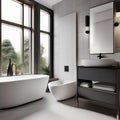 A minimalistic Scandinavian bathroom with clean lines, monochrome palette, and sleek fixtures2