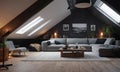 Minimalistic Scandinavian design of a cozy house with a fireplace. Bright interior with wood elements.