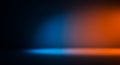 A minimalistic scene featuring a dark space with dual-colored lighting. Blue light