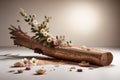 A minimalistic scene of a felled tree lies with flowers on a natural background. Showcase with a stage for natural products.