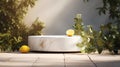 A minimalistic scene of marble white and gold podium display with natural lemon garden fruit