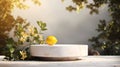 A minimalistic scene of marble white and gold podium display with natural lemon garden fruit