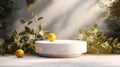 A minimalistic scene of marble white and gold podium display with natural lemon garden fruit