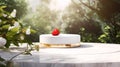 A minimalistic scene of marble white and gold podium display with natural strawberry garden frui