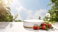 A minimalistic scene of marble white and gold podium display with natural strawberry garden frui