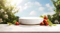 A minimalistic scene of marble white and gold podium display with natural strawberry garden frui