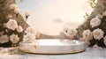 A minimalistic scene of marble white and gold podium display with natural white rose flower