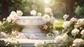 A minimalistic scene of marble white and gold podium display with natural white rose flower