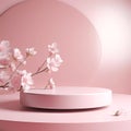 A minimalistic scene of pink podium display with sakura pink flower