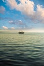 Minimalistic Scene of Sea and Boat, under beautiful blue sky