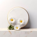 A minimalistic scene of white marble podium display with natural daisy flower.